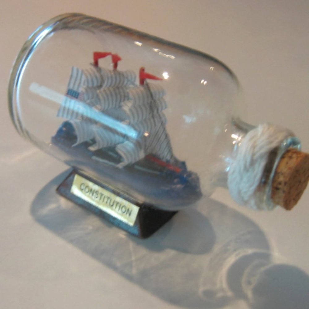 Ship in a Bottle- The USS CONSTITUTION Excellent with Turk's Head Macrame